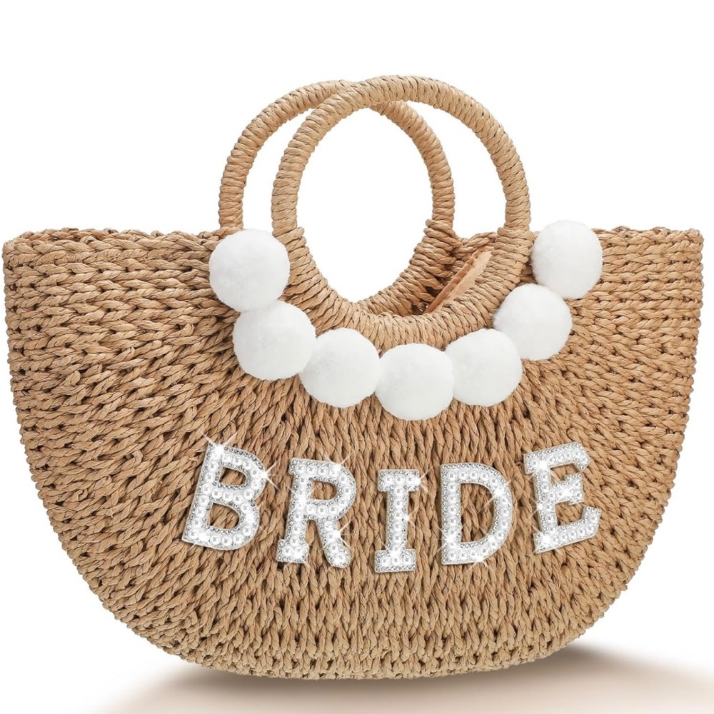 Bride Beach Bag Handwoven Straw Rhinestone Pearl Letters Handle Purse